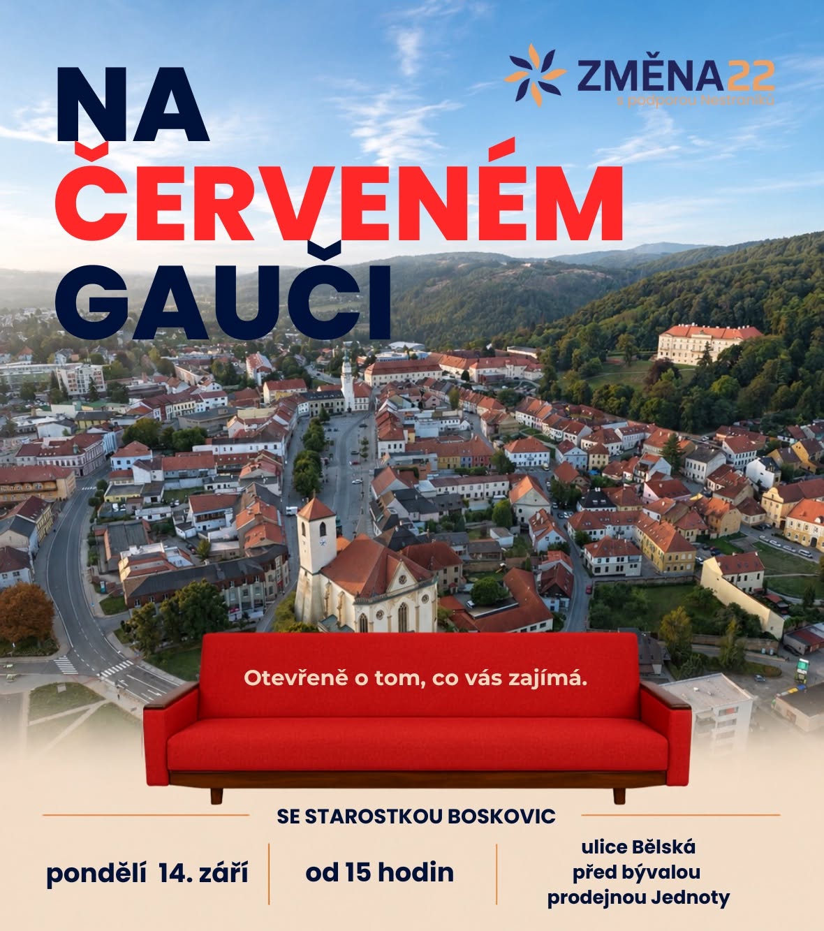 Změna22 na červeném gauči v Boskovicích